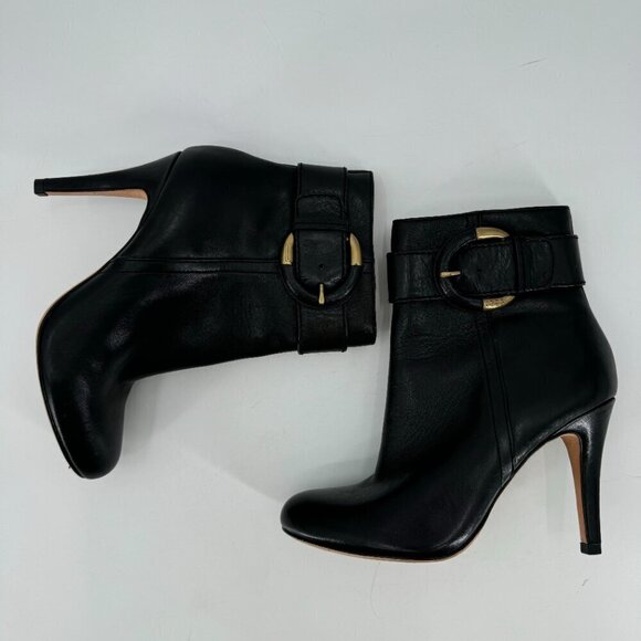 Coach Blossom Black Leather Belted Gold Buckle Zipper Heeled 5 Ankle Boots - Picture 4 of 9